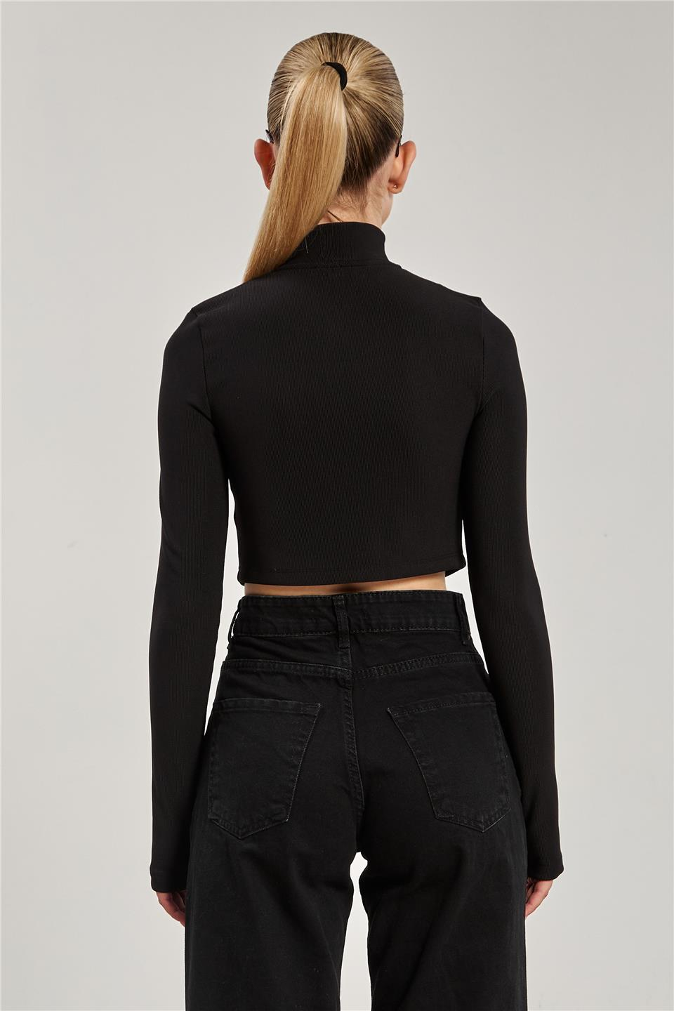 Dik yaka fermuarlı body-1776 Siyah