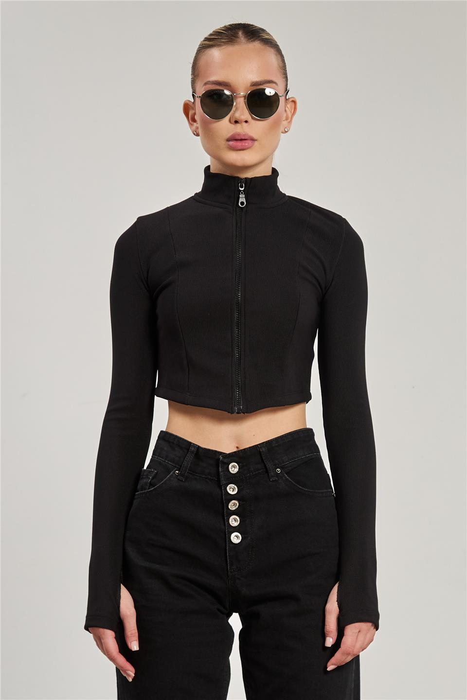 Dik yaka fermuarlı body-1776 Siyah