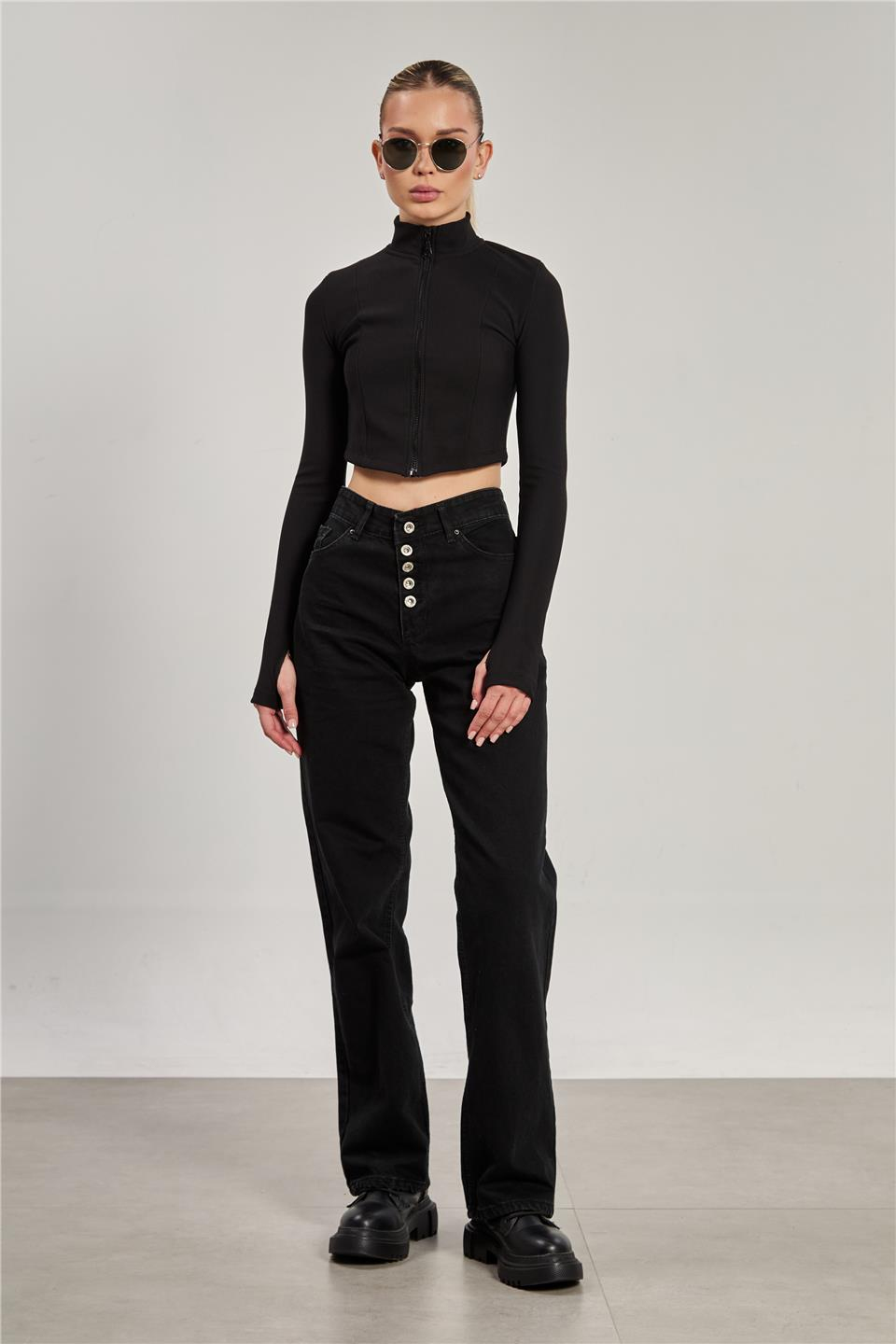 Dik yaka fermuarlı body-1776 Siyah