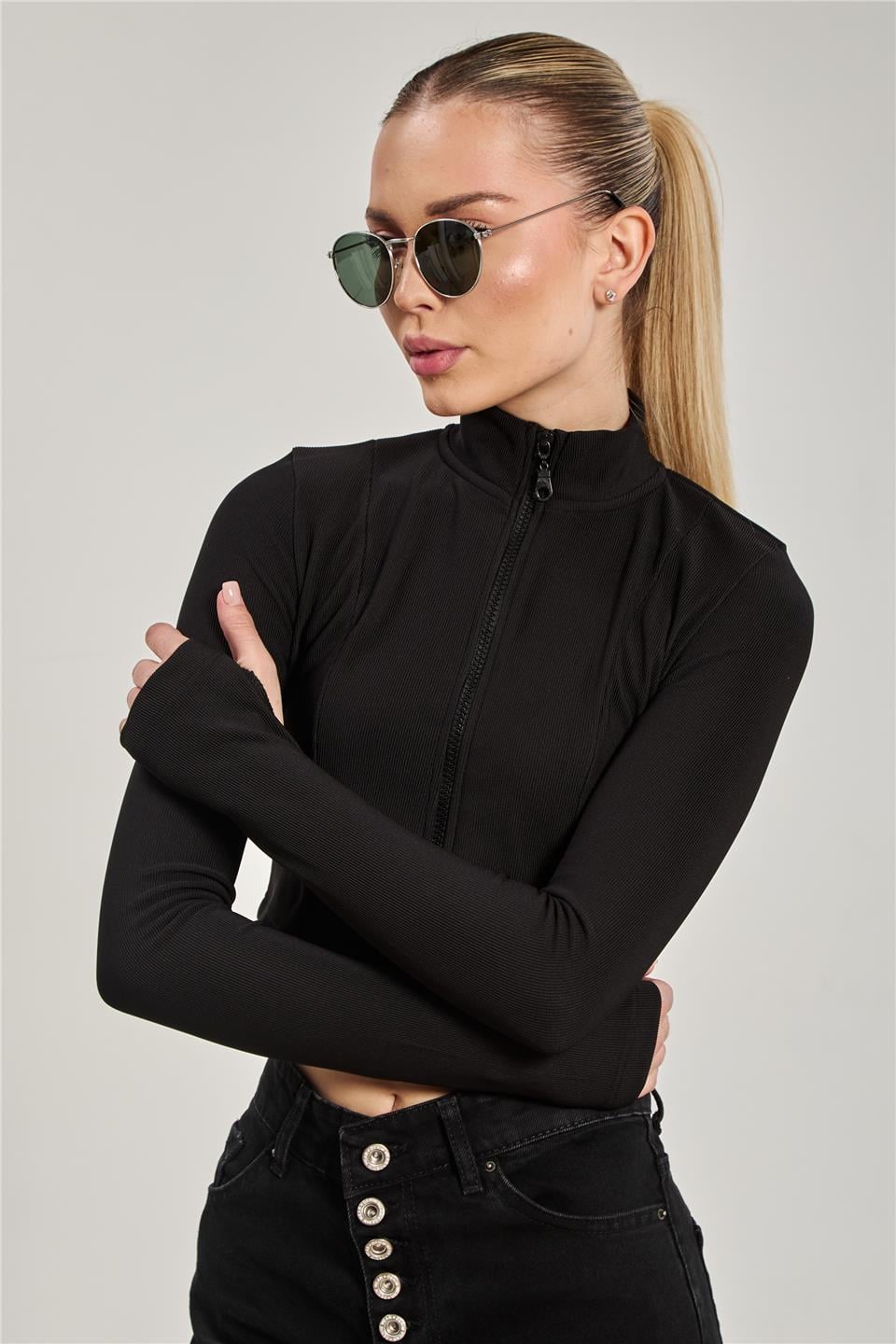 Dik yaka fermuarlı body-1776 Siyah