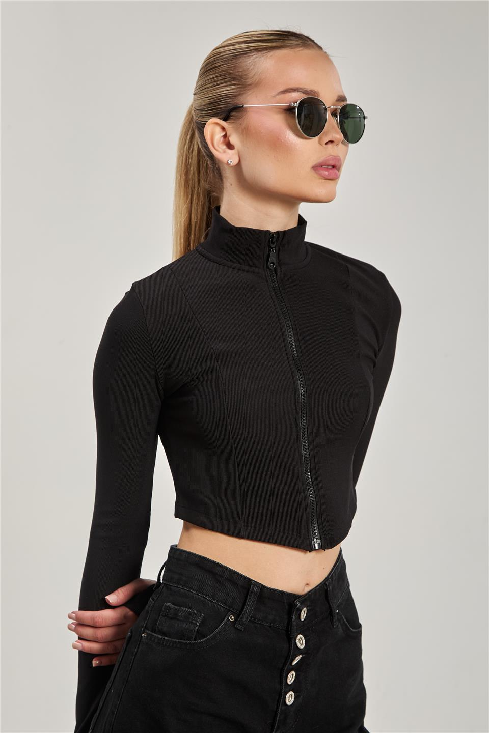 Dik yaka fermuarlı body-1776 Siyah