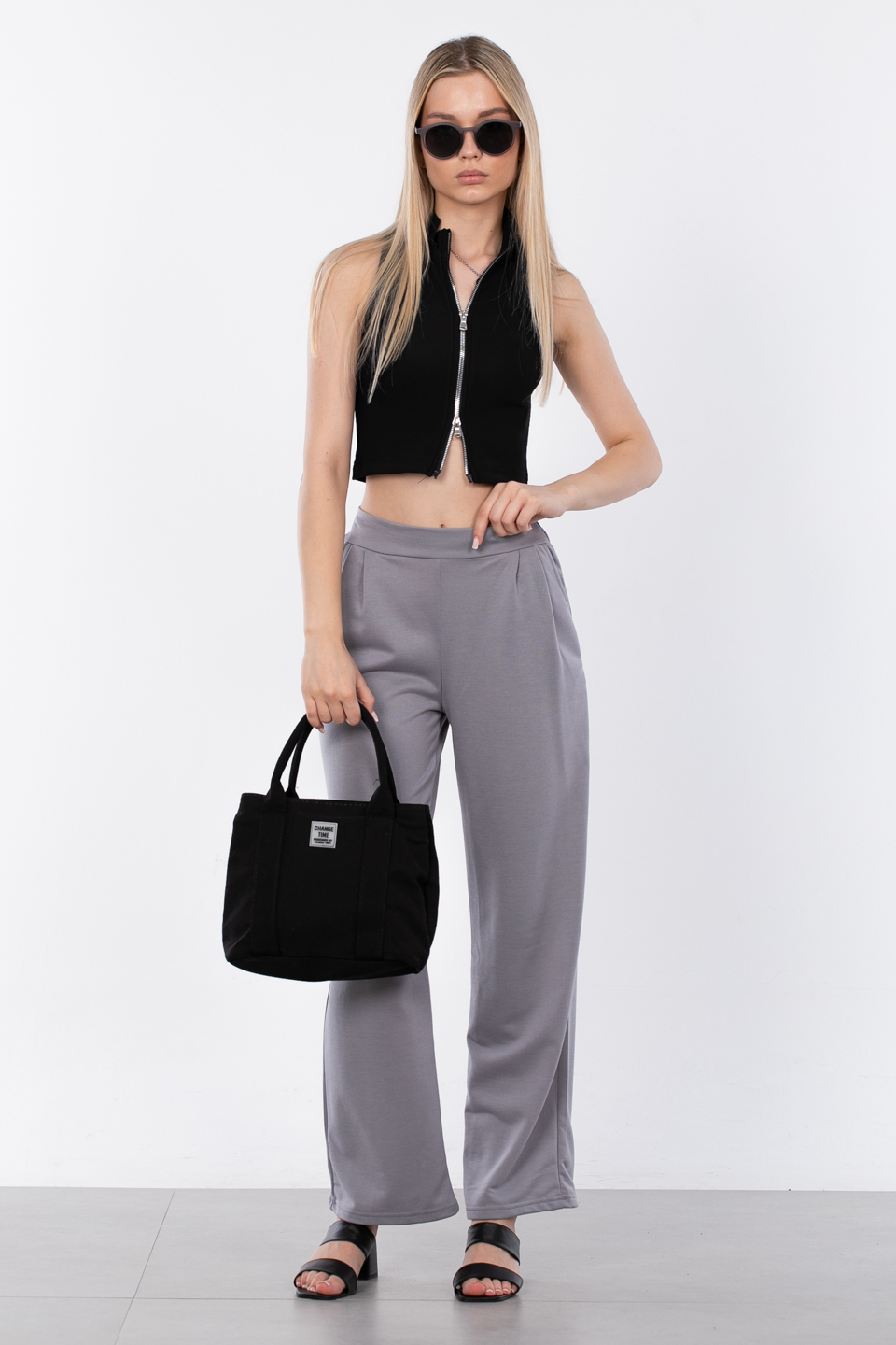 Dik yaka fermuarlı body-6104 Siyah