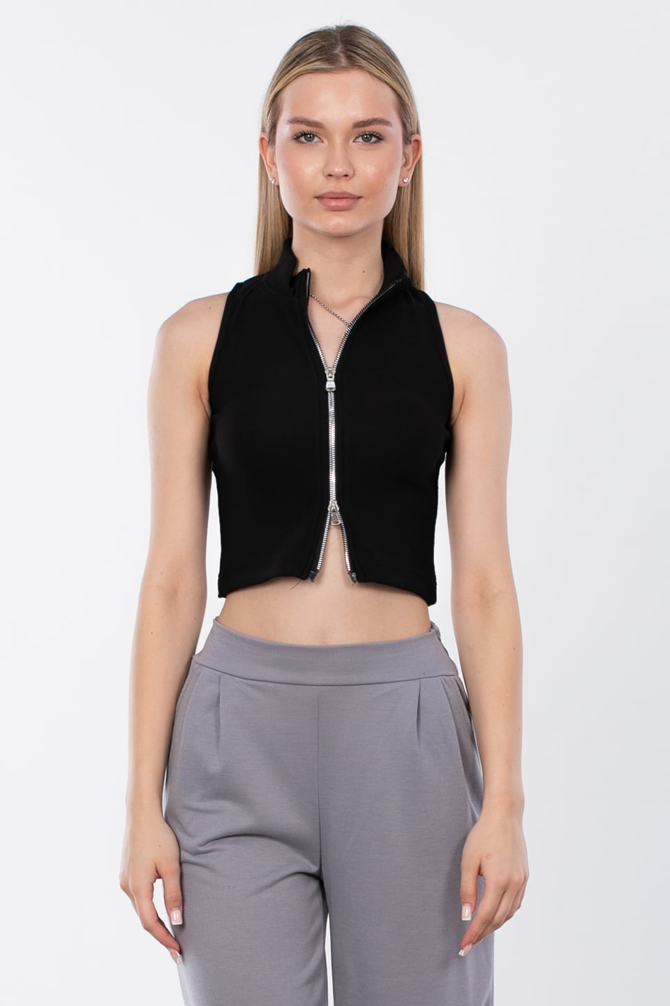 Dik yaka fermuarlı body-6104 Siyah