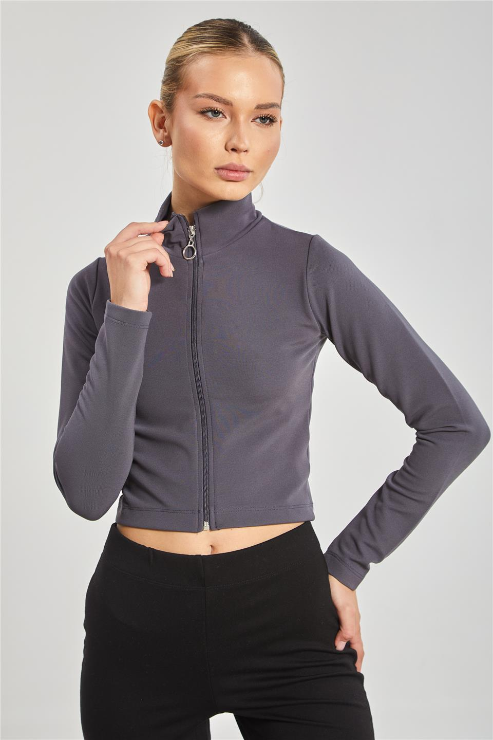 Dik yaka fermuarlı body-612-31 Füme