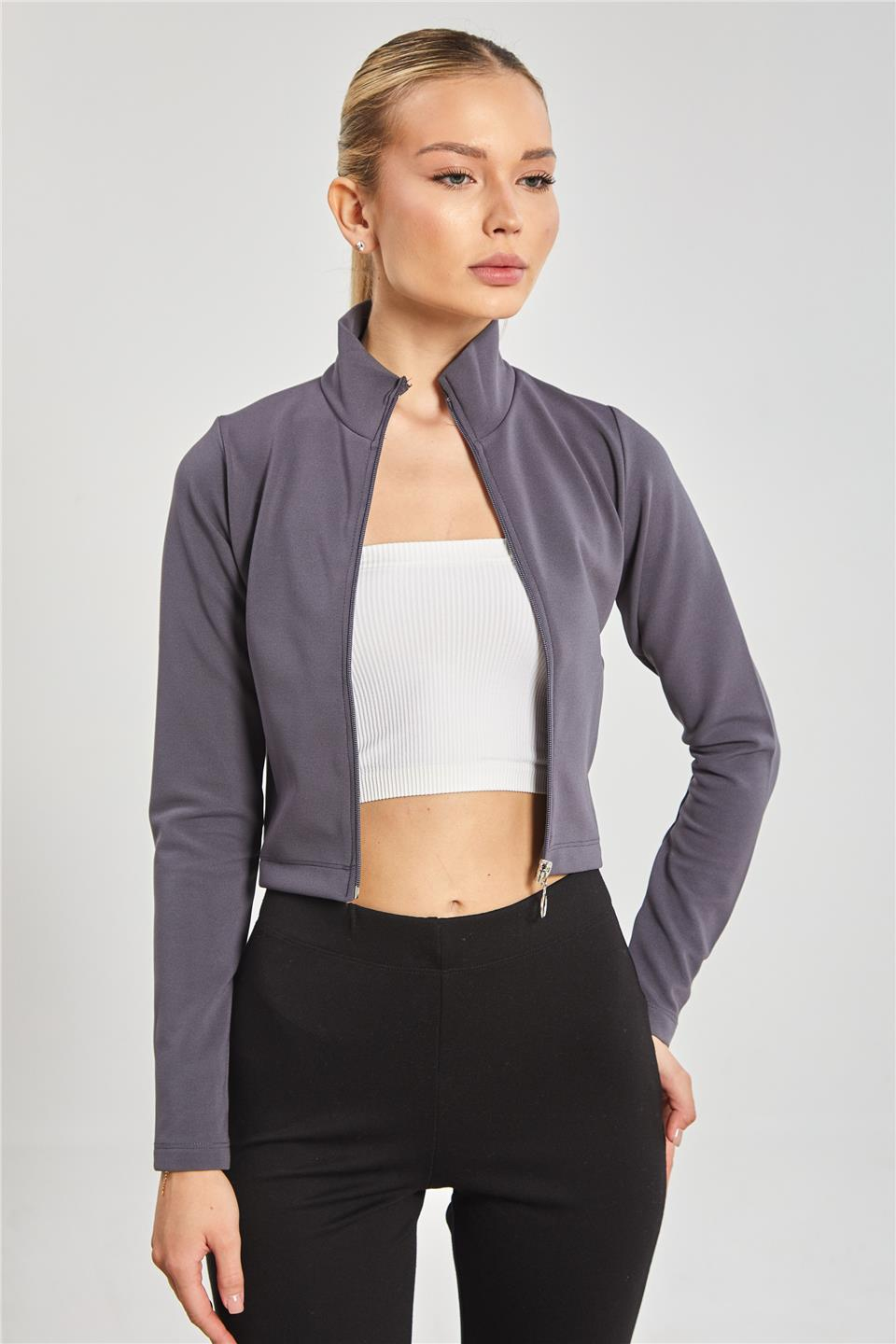 Dik yaka fermuarlı body-612-31 Füme