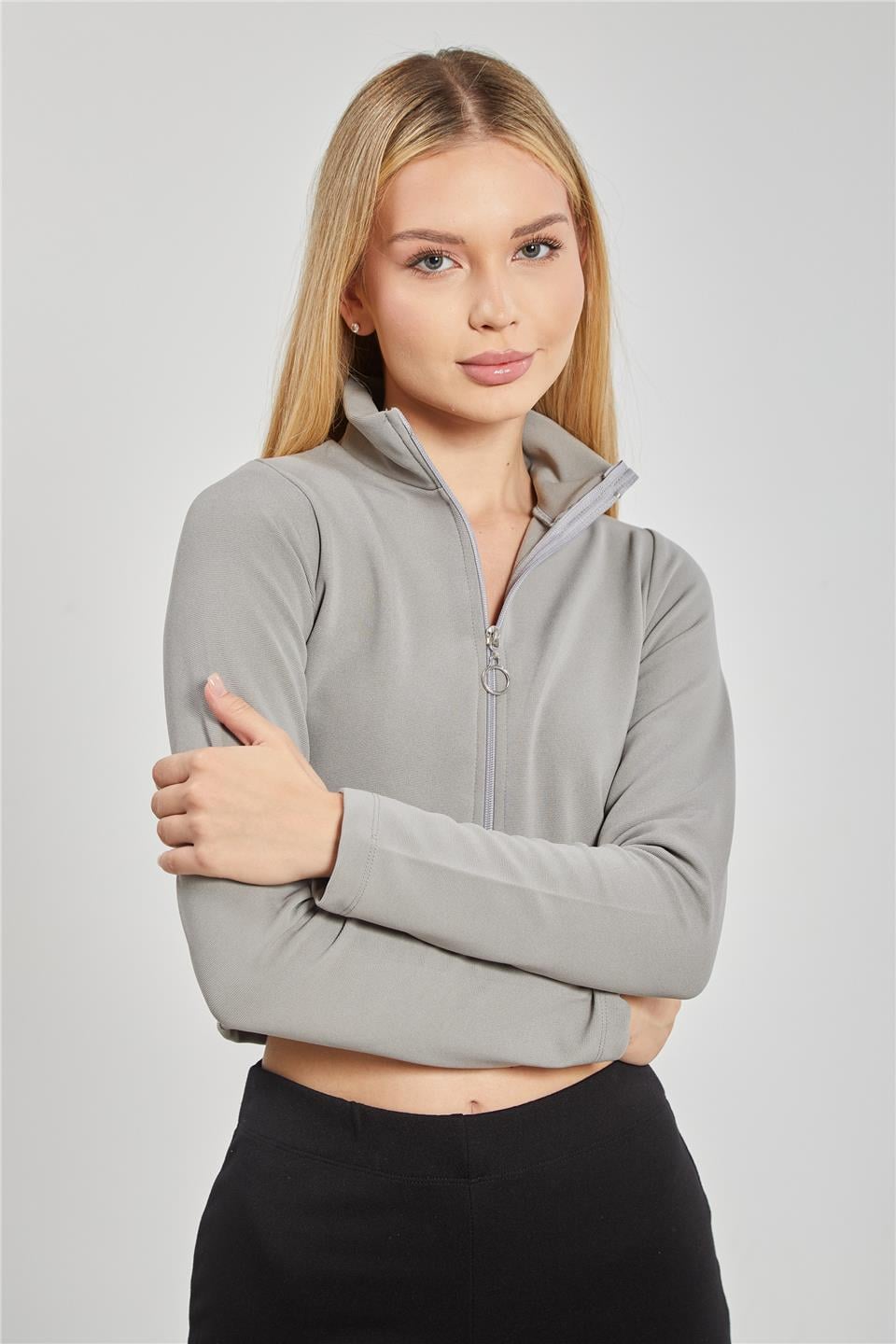Dik yaka fermuarlı body-612-31 Gri