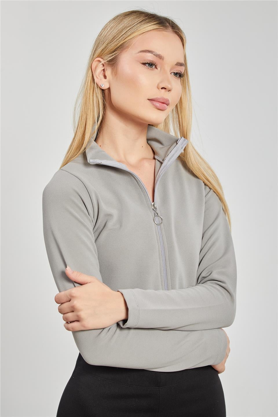 Dik yaka fermuarlı body-612-31 Gri