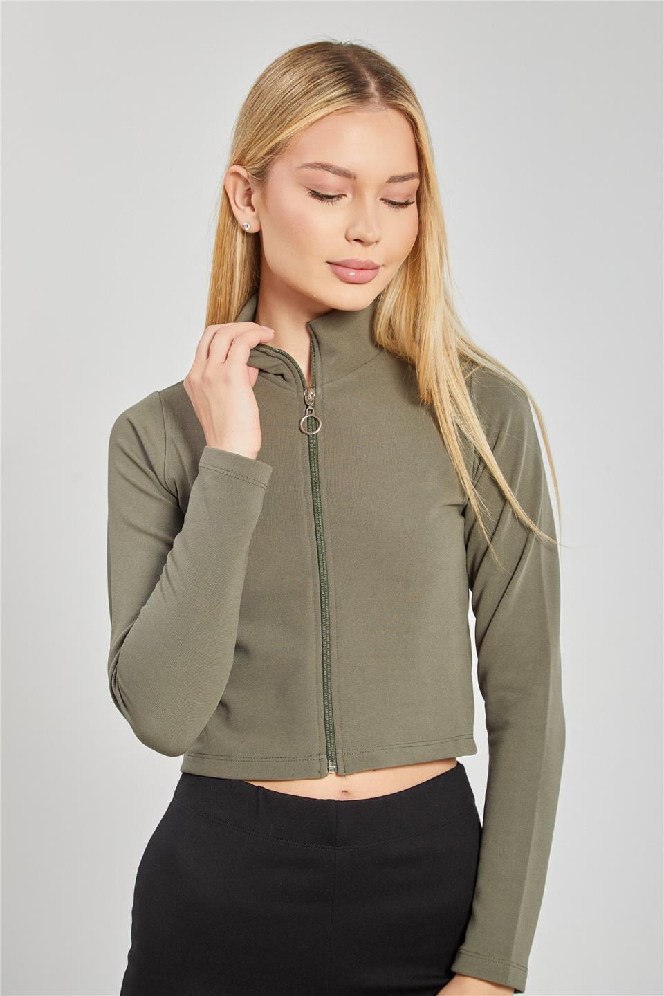 Dik yaka fermuarlı body-612-31 Haki