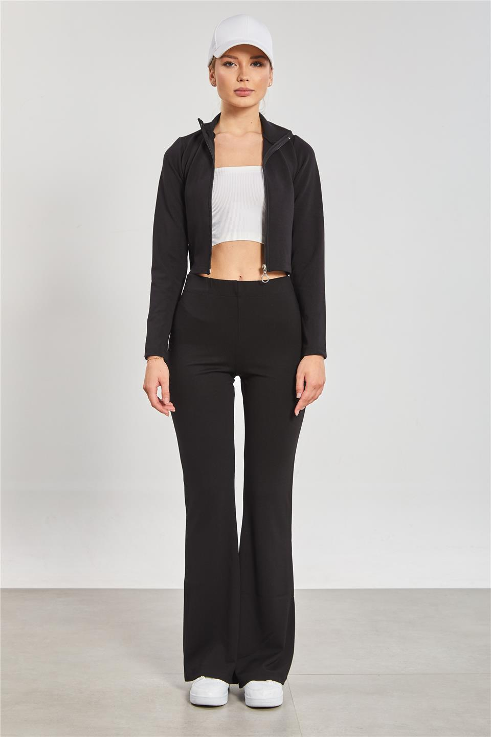 Dik yaka fermuarlı body-612-31 Siyah