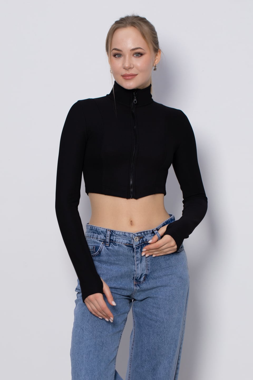 Dik yaka fermuarlı crop hırka-5389 Siyah