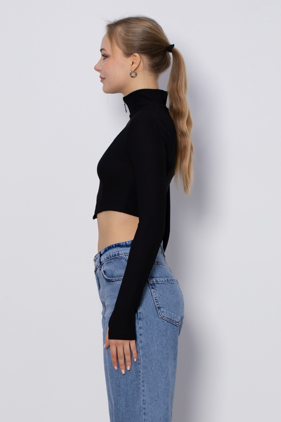 Dik yaka fermuarlı crop hırka-5389 Siyah