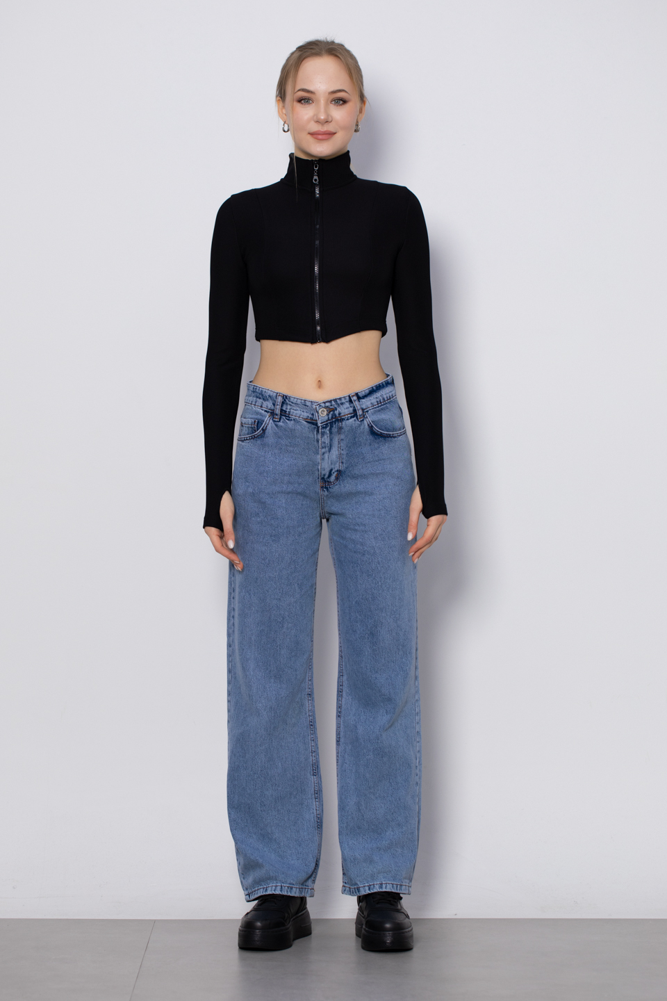 Dik yaka fermuarlı crop hırka-5389 Siyah