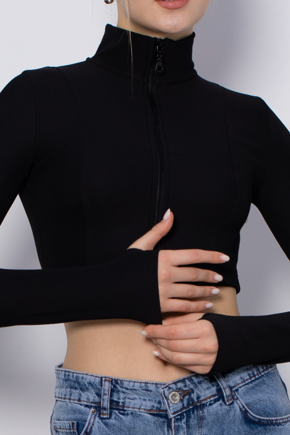 Dik yaka fermuarlı crop hırka-5389 Siyah