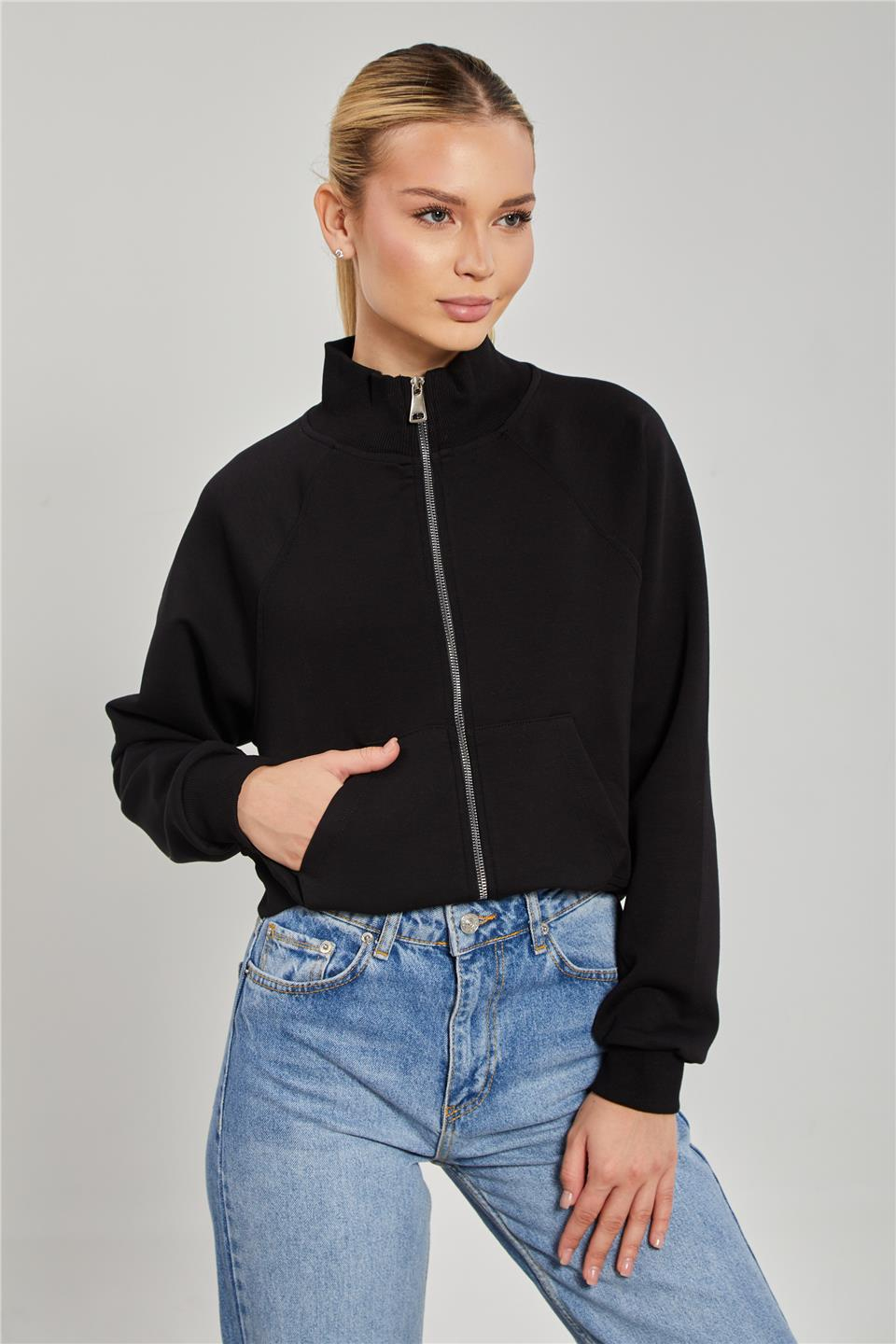 Dik yaka fermuarlı sweatshirt-10679 Siyah