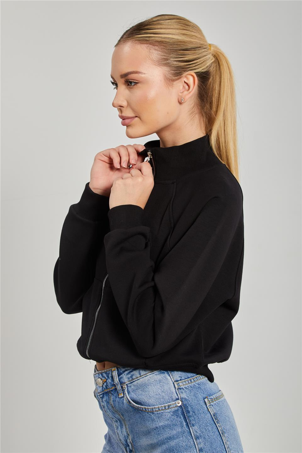 Dik yaka fermuarlı sweatshirt-10679 Siyah