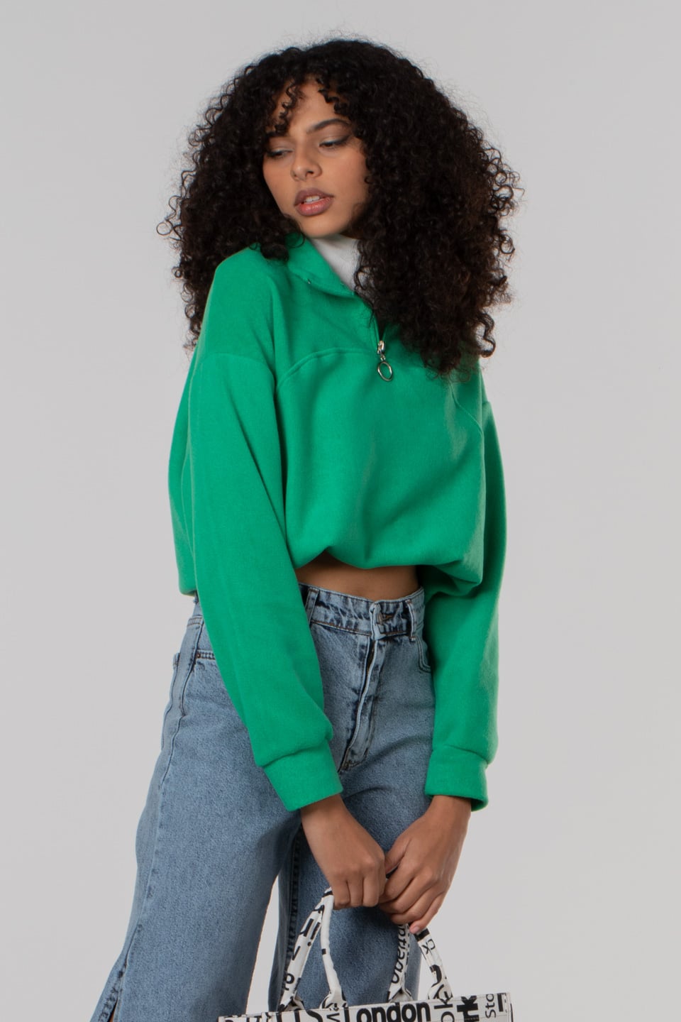 Dik yaka fermuarlı sweatshirt-7749 B.Yeşil