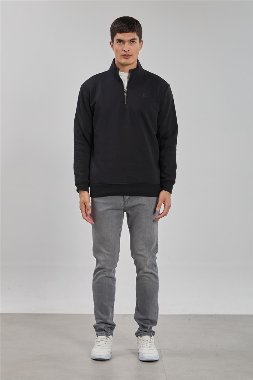 Dik yaka logolu sweatshirt-1219 Siyah