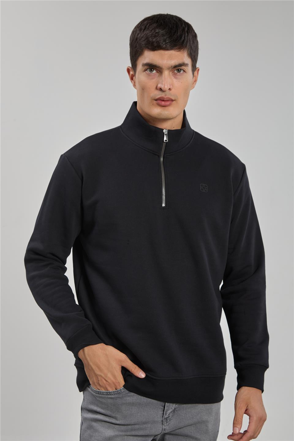Dik yaka logolu sweatshirt-1219 Siyah