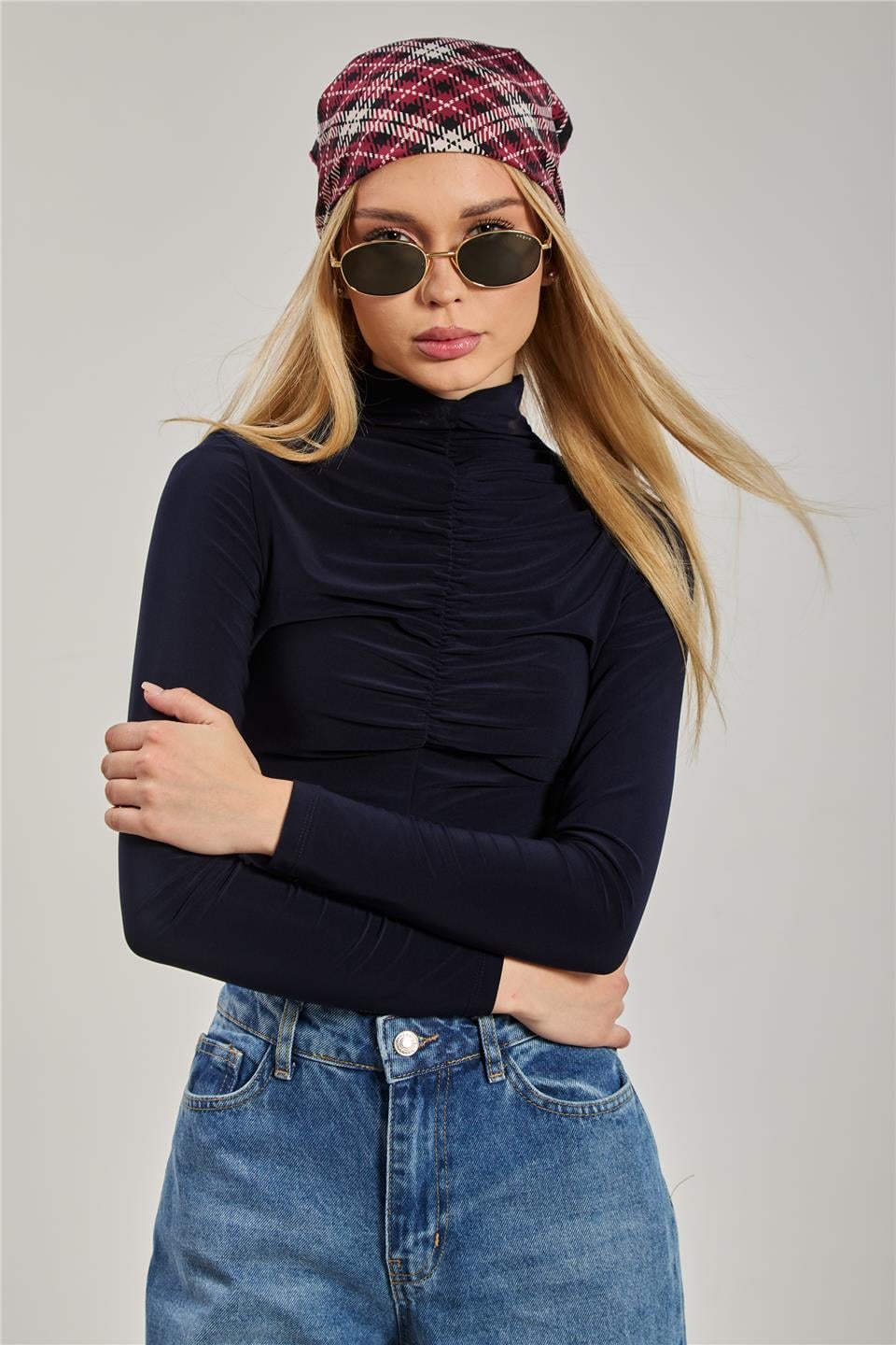 Dik yaka önü büzgülü bluz-13747 Lacivert