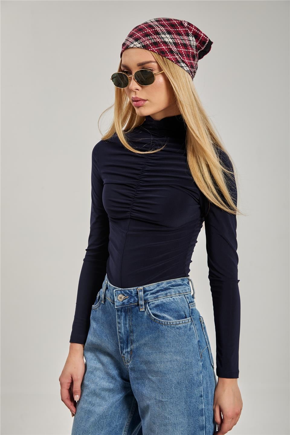 Dik yaka önü büzgülü bluz-13747 Lacivert