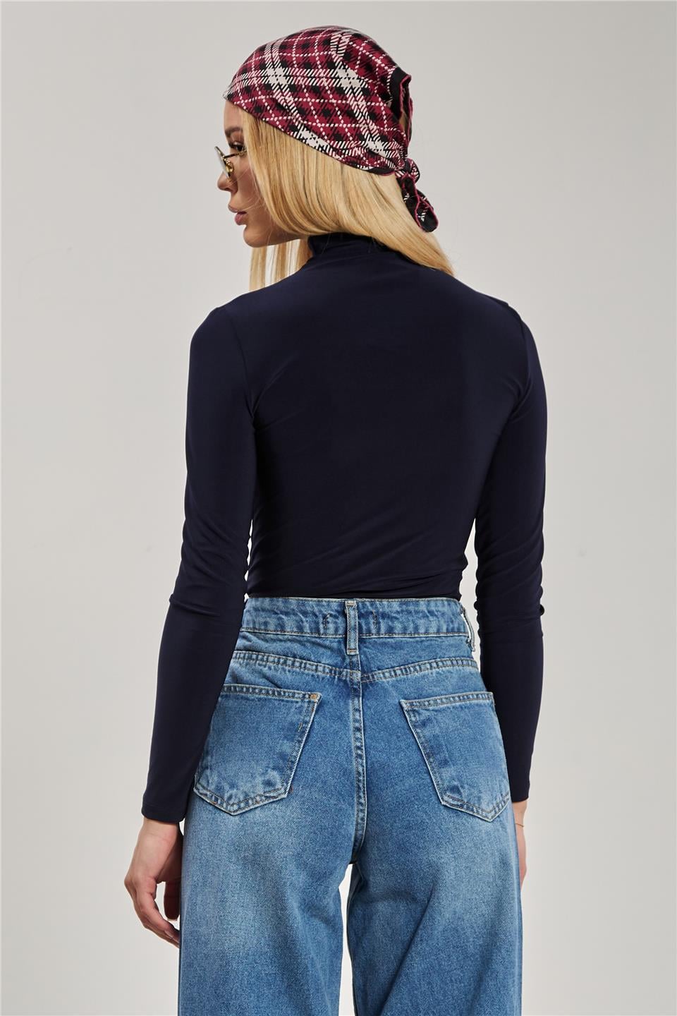 Dik yaka önü büzgülü bluz-13747 Lacivert