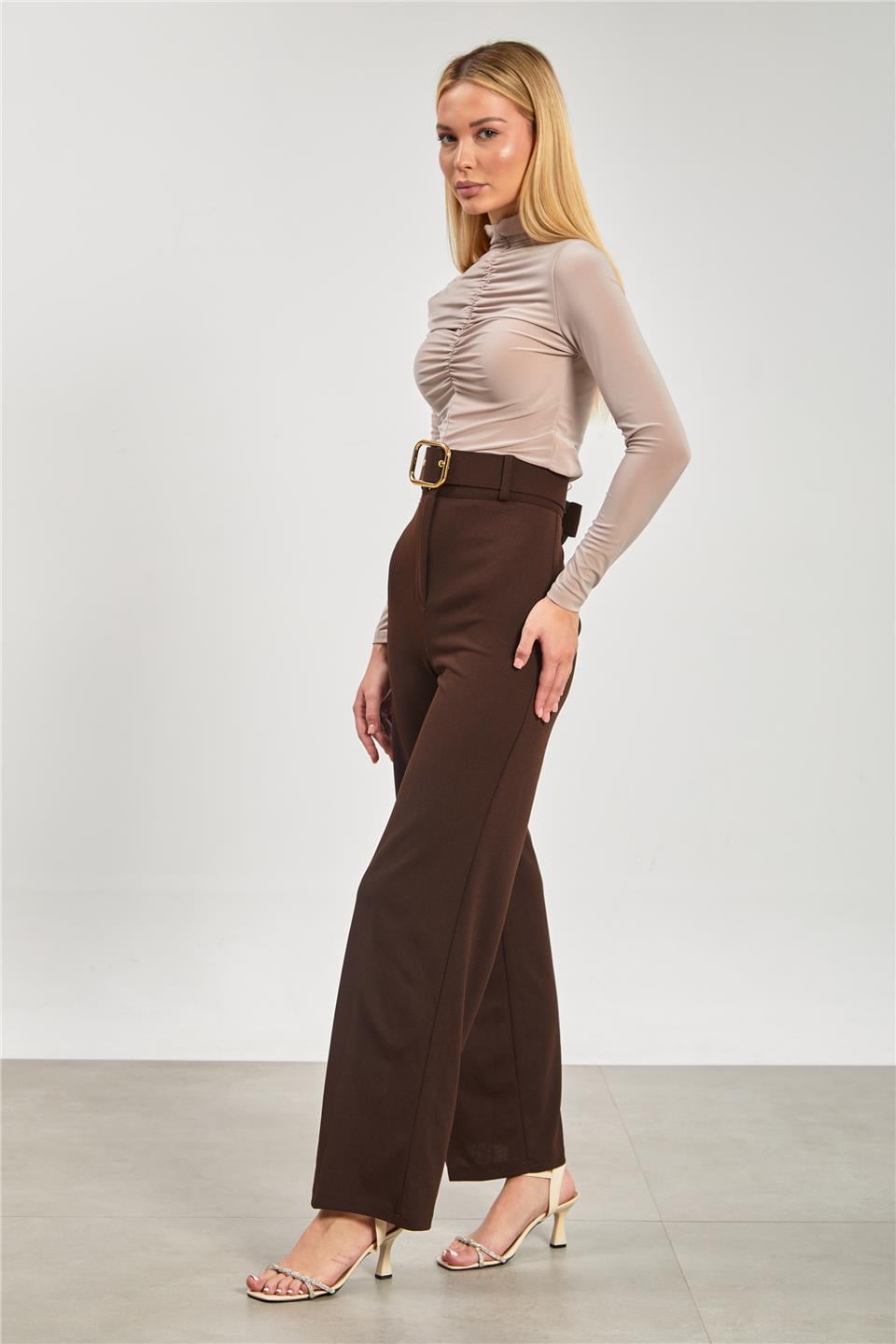 Dik yaka önü büzgülü bluz-13747 Vizon