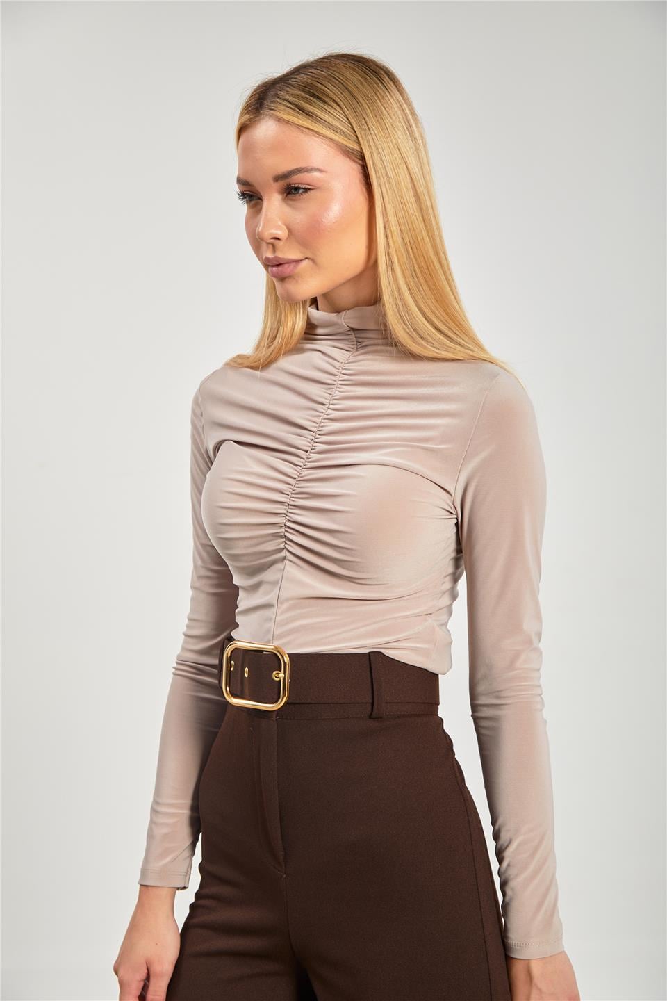 Dik yaka önü büzgülü bluz-13747 Vizon