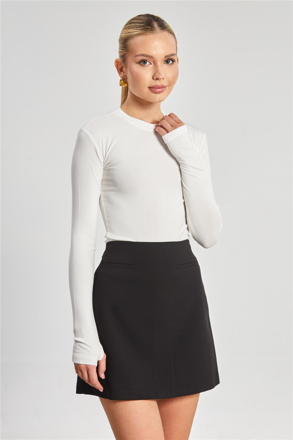 Dik yaka uzun kol body-6493 Ekru