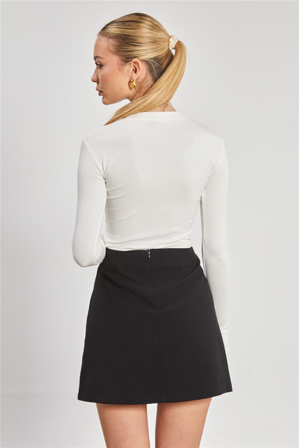 Dik yaka uzun kol body-6493 Ekru