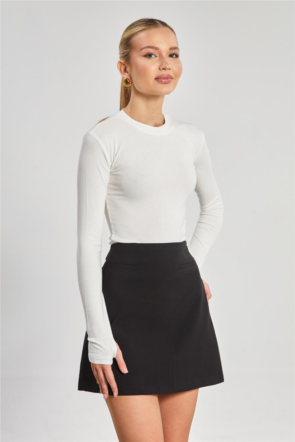 Dik yaka uzun kol body-6493 Ekru