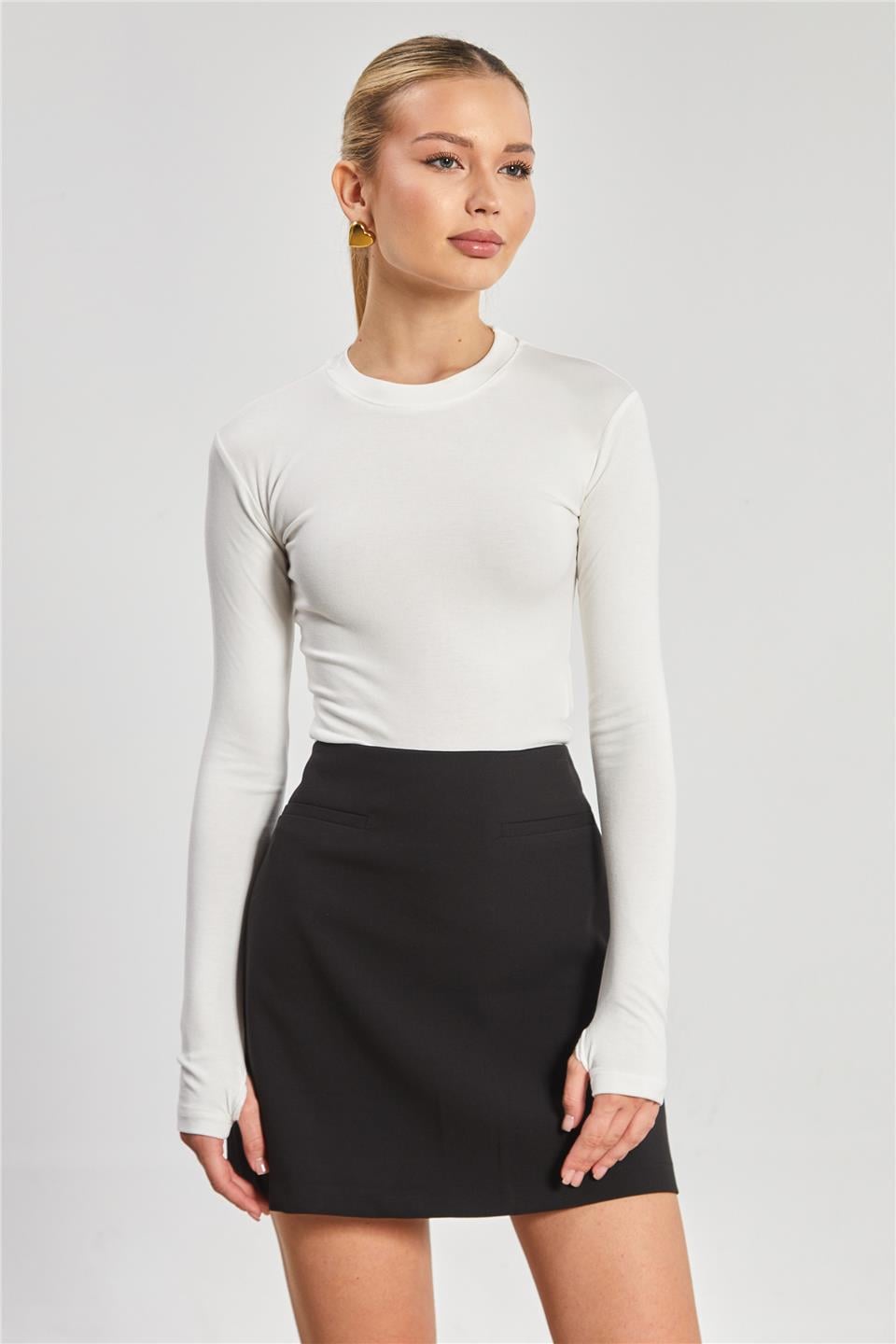 Dik yaka uzun kol body-6493 Ekru