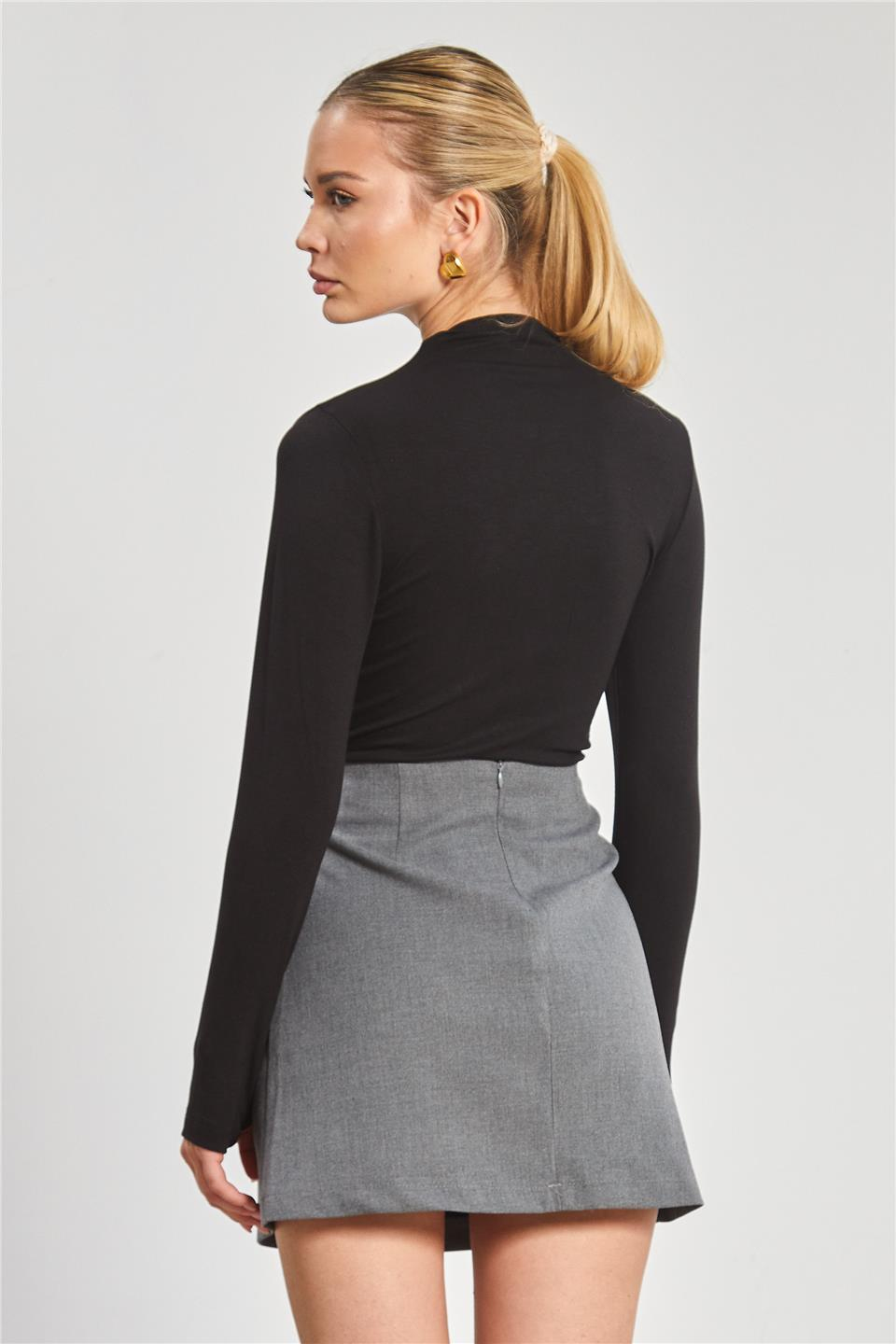 Dik yaka uzun kol body-6493 Siyah