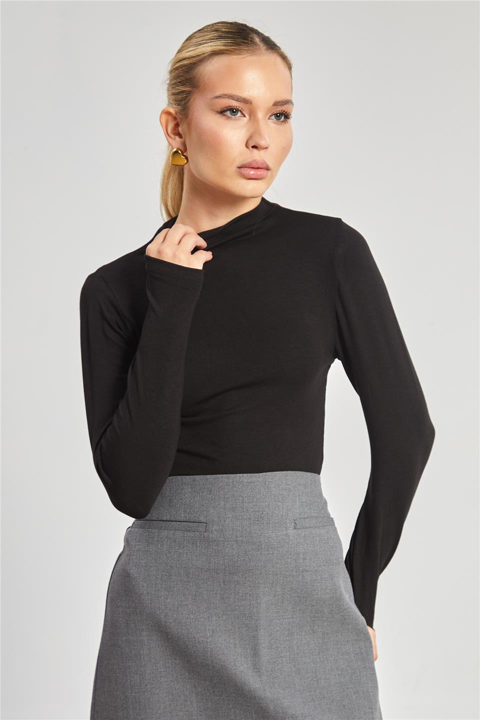 Dik yaka uzun kol body-6493 Siyah