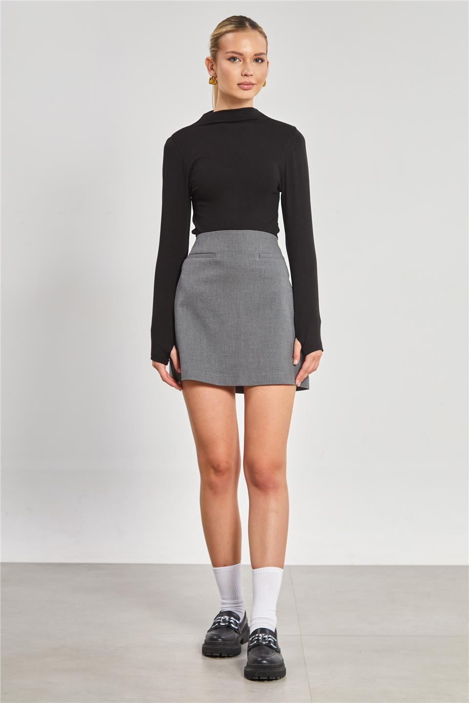 Dik yaka uzun kol body-6493 Siyah