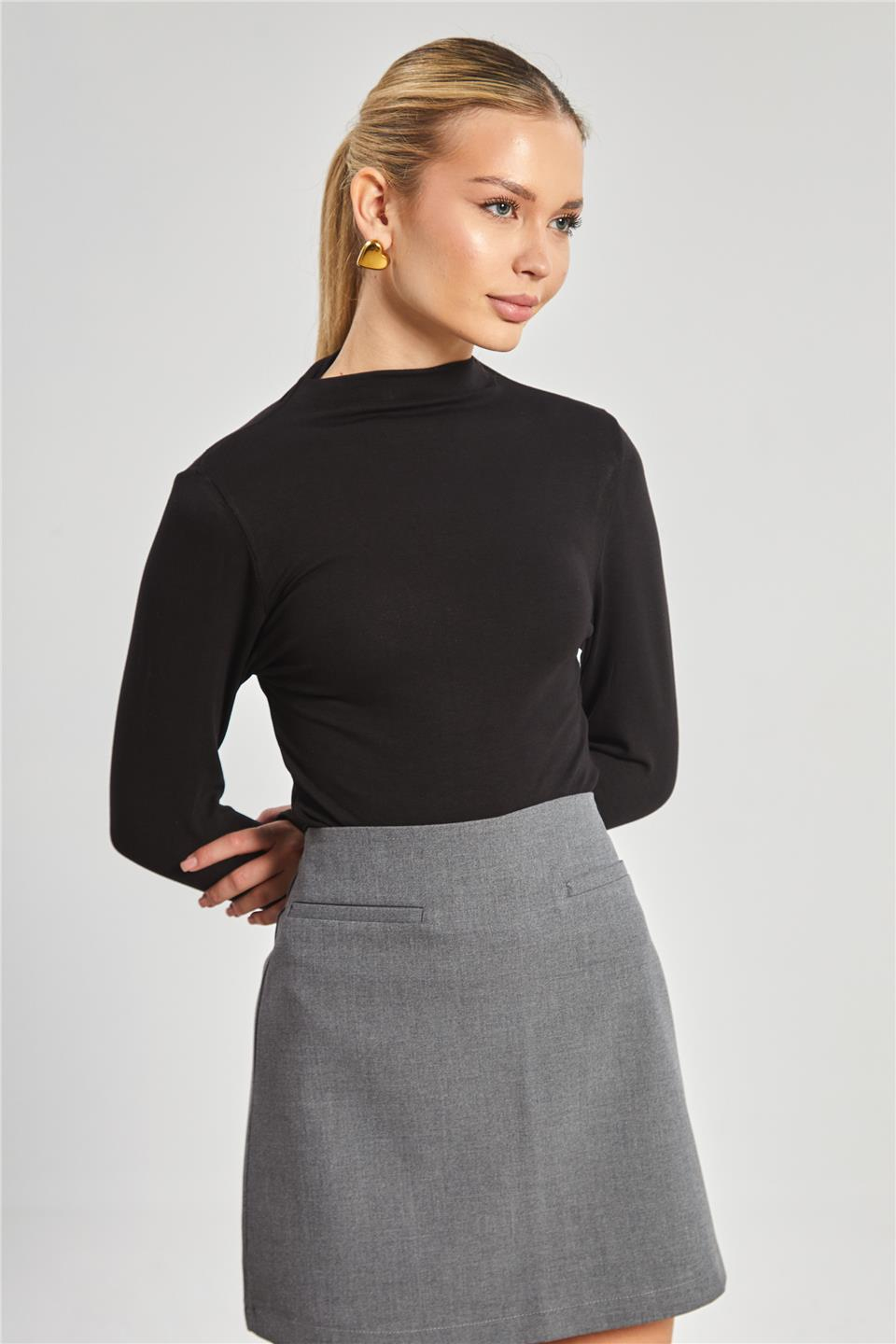 Dik yaka uzun kol body-6493 Siyah