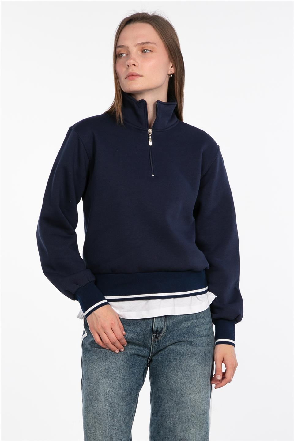 Dik yaka yarım fermuarlı sweatshirt-83-247 Lacivert