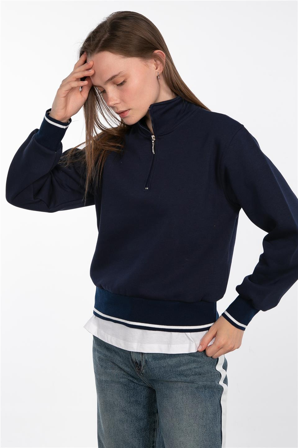 Dik yaka yarım fermuarlı sweatshirt-83-247 Lacivert