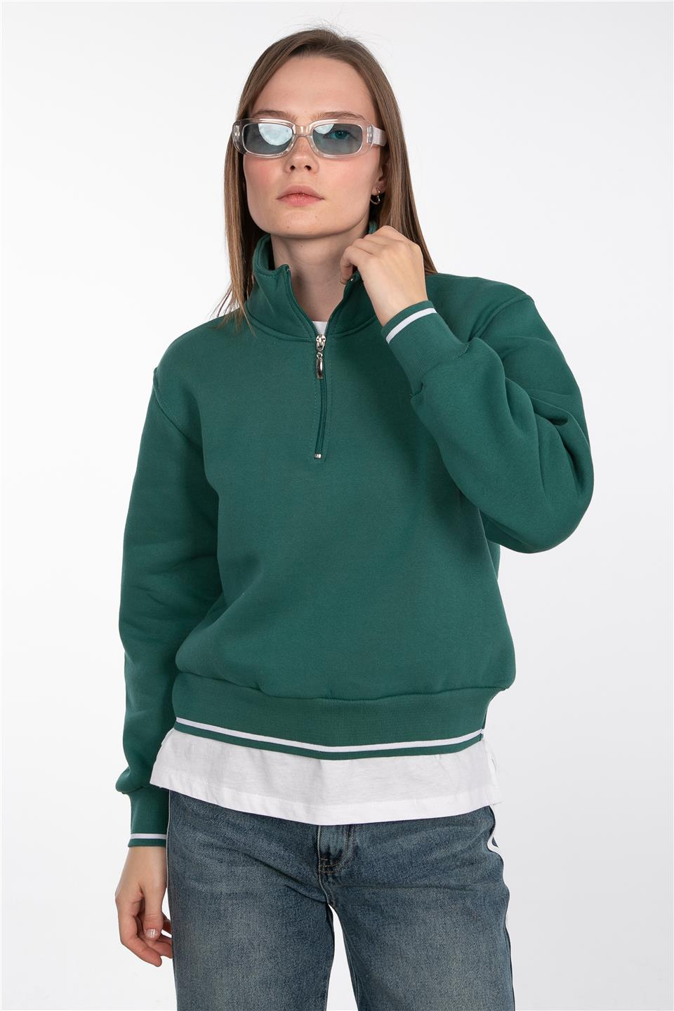 Dik yaka yarım fermuarlı sweatshirt-83-247 Koyu Yeşil