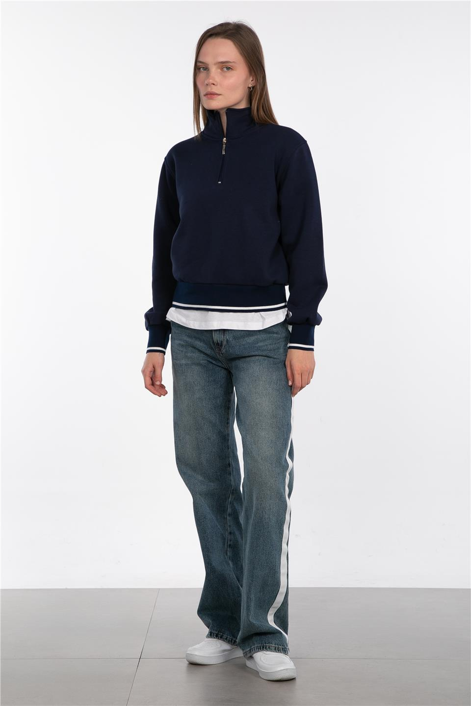 Dik yaka yarım fermuarlı sweatshirt-83-247 Lacivert