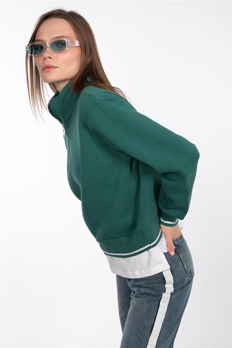 Dik yaka yarım fermuarlı sweatshirt-83-247 Koyu Yeşil