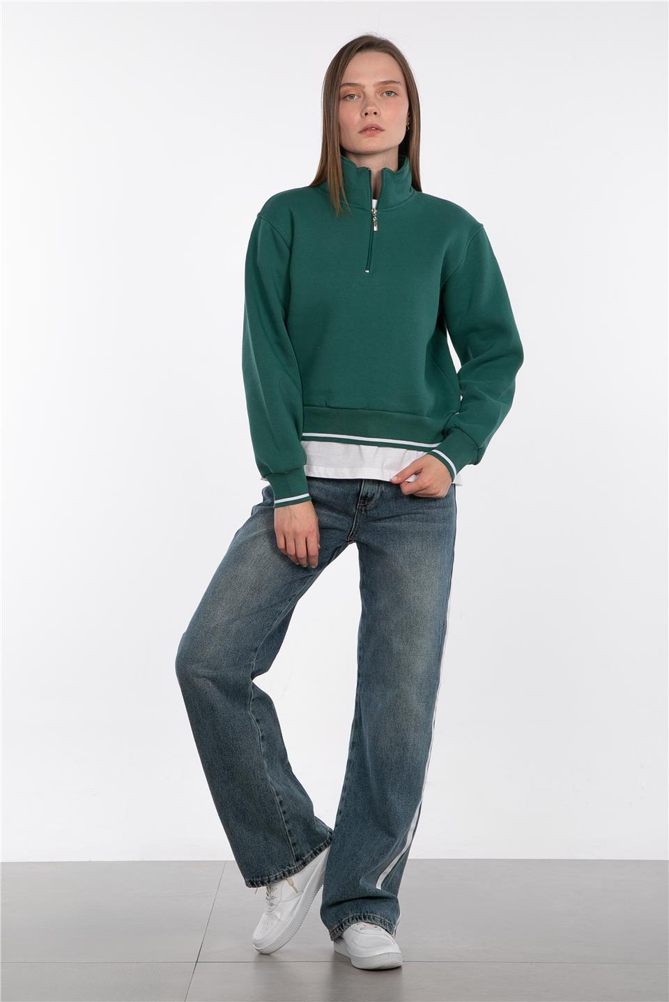 Dik yaka yarım fermuarlı sweatshirt-83-247 Koyu Yeşil