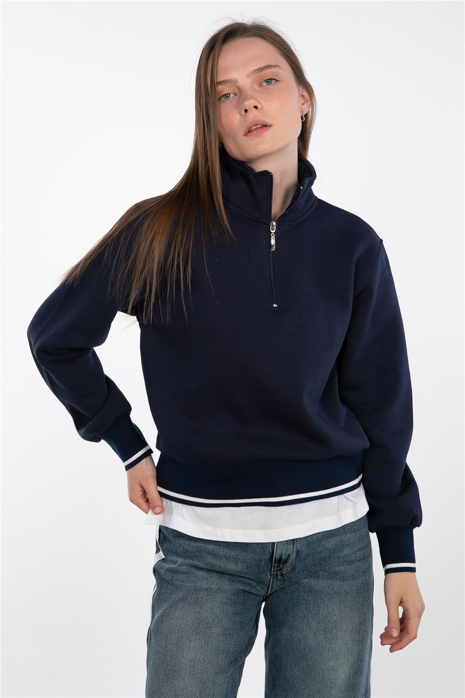 Dik yaka yarım fermuarlı sweatshirt-83-247 Lacivert
