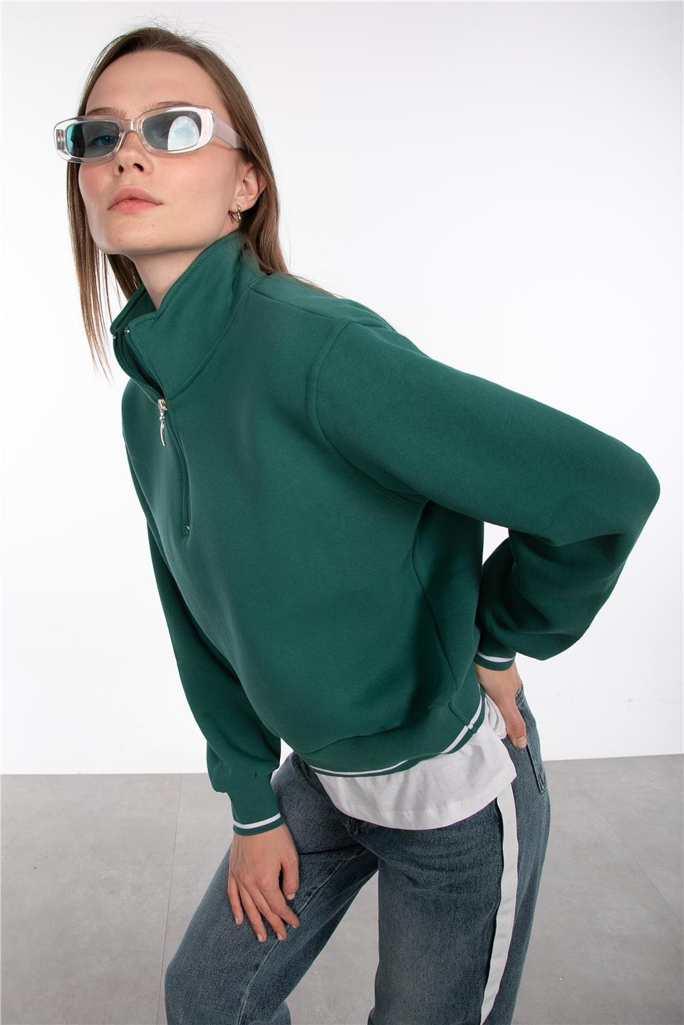 Dik yaka yarım fermuarlı sweatshirt-83-247 Koyu Yeşil