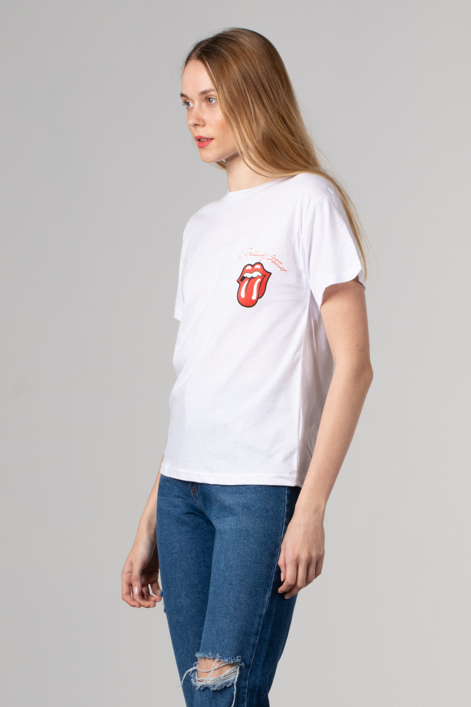Dil baskılı basıc t-shirt-1003 Beyaz/Kırmızı