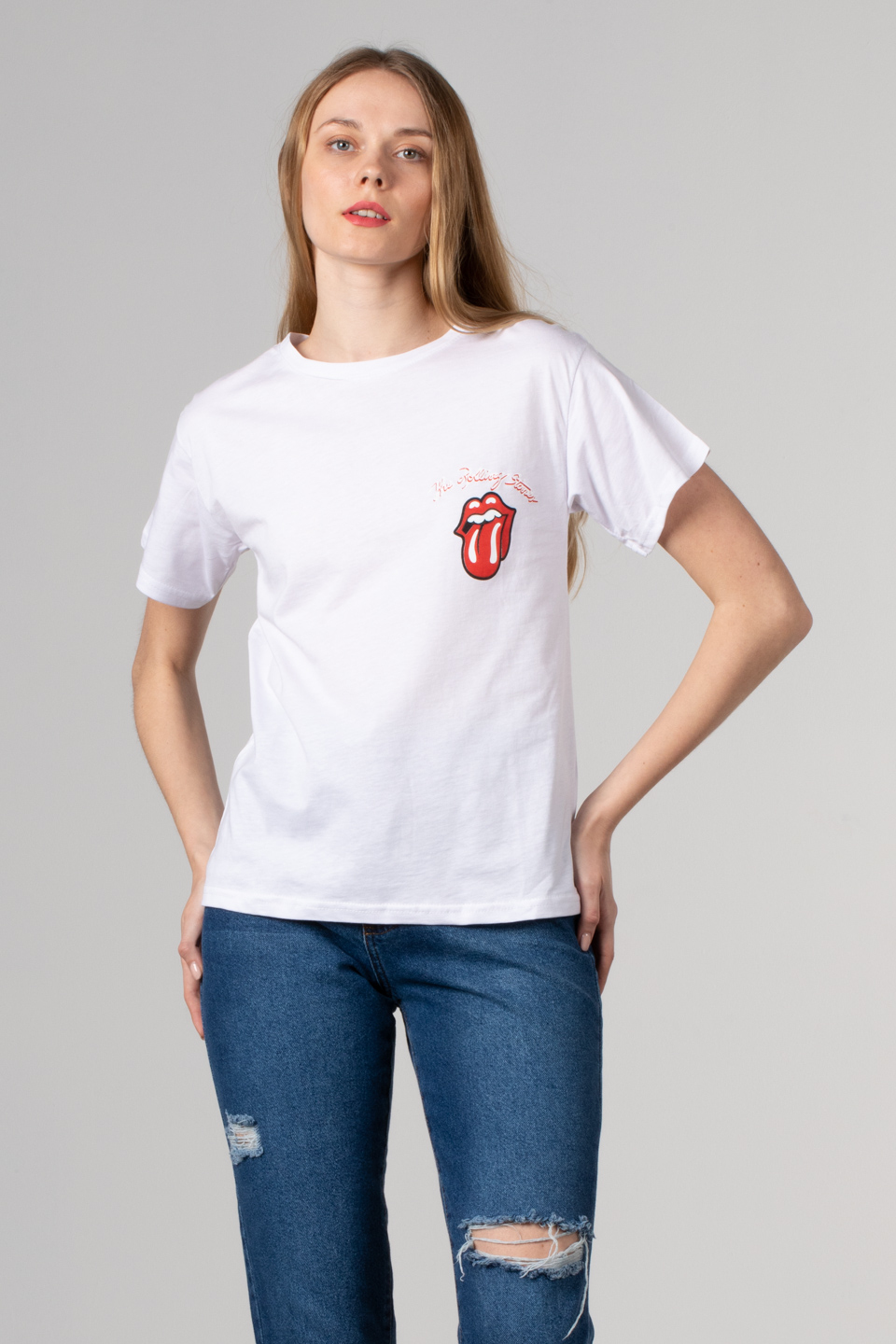 Dil baskılı basıc t-shirt-1003 Beyaz/Kırmızı