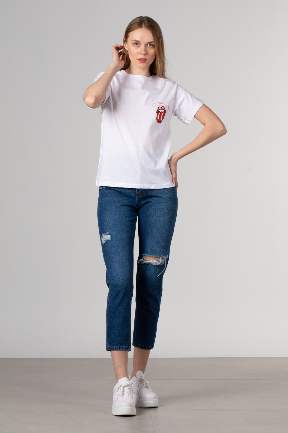 Dil baskılı basıc t-shirt-1003 Beyaz/Kırmızı