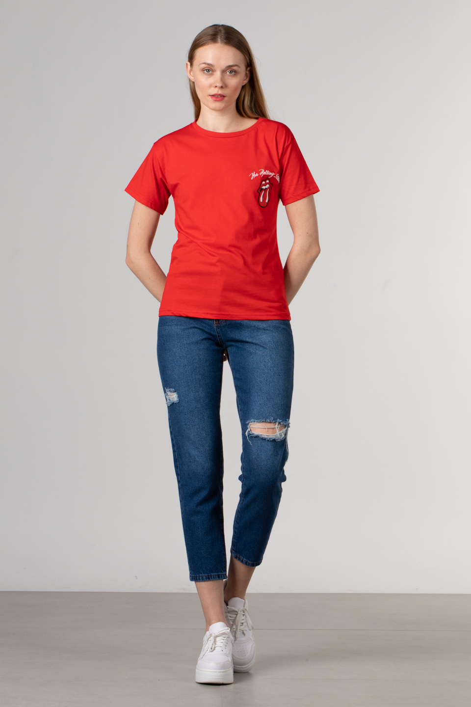 Dil baskılı basıc t-shirt-1003 Siyah/Kırmızı