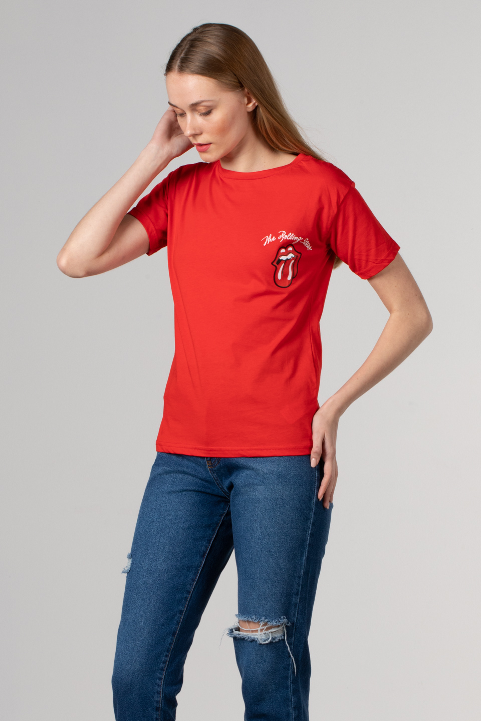 Dil baskılı basıc t-shirt-1003 Siyah/Kırmızı