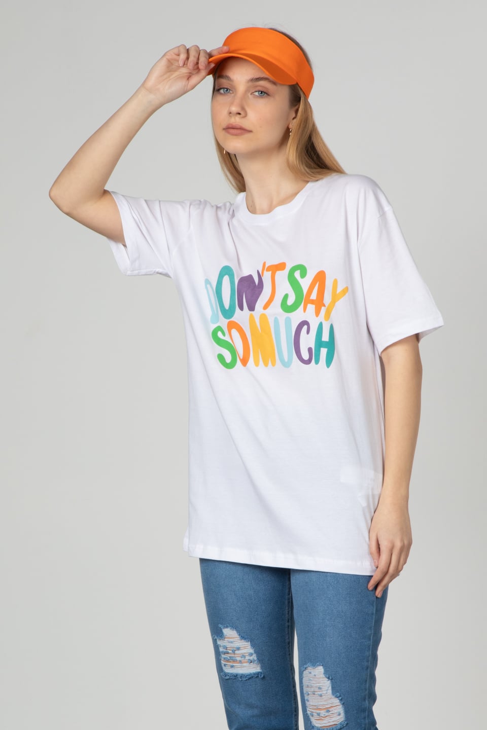 Don't say kabartma baskılı t-shirt-3572 Beyaz