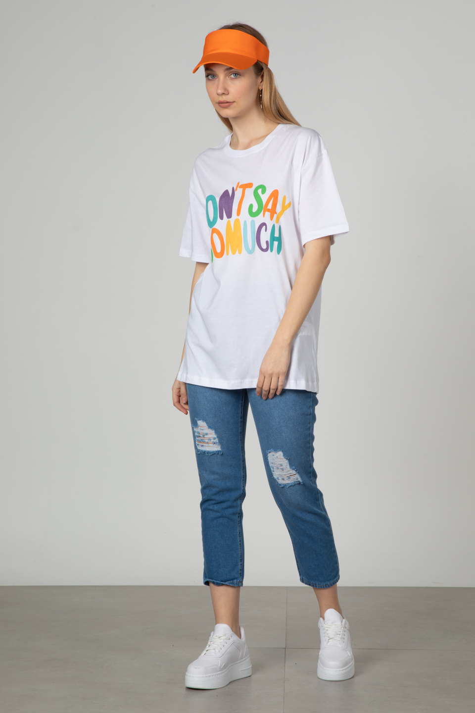 Don't say kabartma baskılı t-shirt-3572 Beyaz